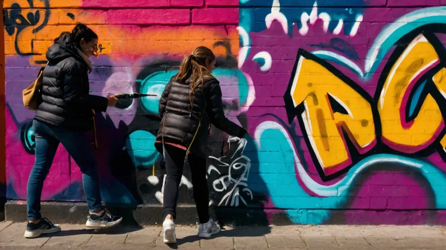 Zwei Frauen stehen vor einer Wand, die mit Graffiti bemalt ist.