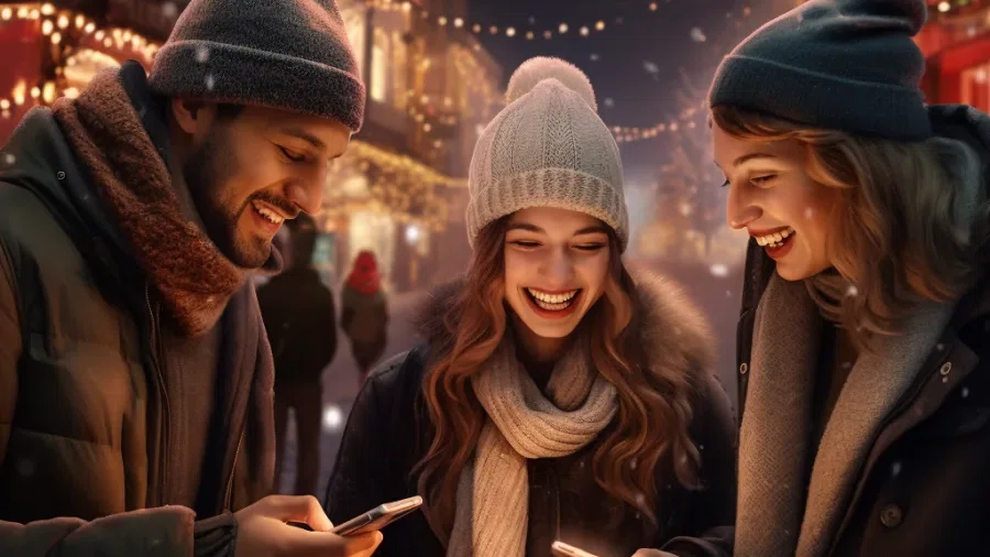 Zwei Frauen und ein Mann schauen in ihre Handys und lachen dabei. Im Hintergrund ist der Weihnachtsmarkt.